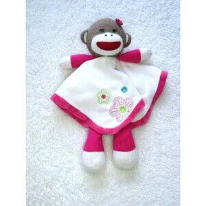 Sock Monkey Girl Lovey Plush Pink Flowers Security Blanket Rattle Baby Y2K